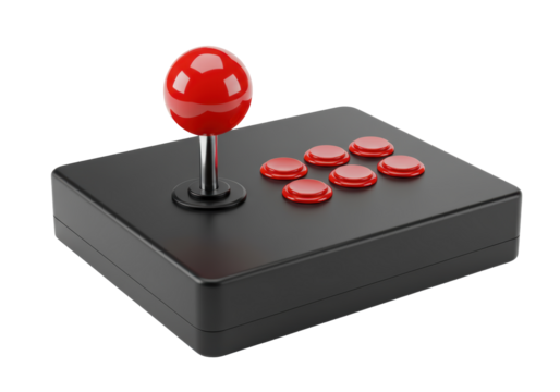 Isolated arcade stick with red joystick and buttons for fighting video game controller console