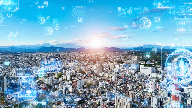 現代都市空撮とデジタルテクノロジーのコンセプト - Powered by Adobe