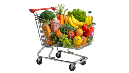 Modern Shopping Cart Filled with Fresh Groceries PNG