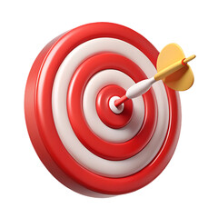 Red and white dartboard with yellow dart hitting the bullseye isolated on white background