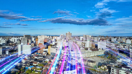 Plakat society, evolution, progress, future, prospect, development, growth, tomorrow, course, drone, aerial view, city, horizon, bird eye view, high-angle, panorama, speed, network, 6g, next generation, gove