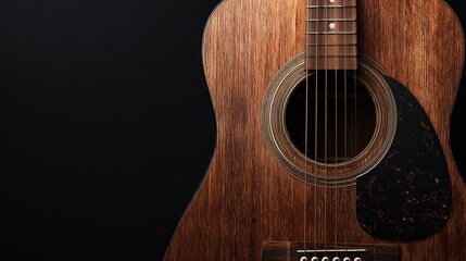 Fototapeta premium Close-up of a well-worn acoustic guitar's body and soundhole against a dark backdrop, showcasing its rich, dark wood grain and a slightly worn pickguard