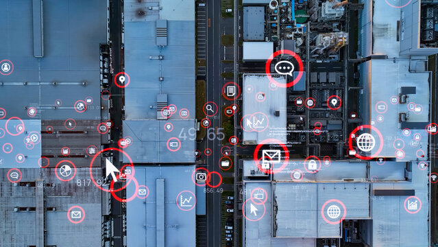 工業地帯の空撮とデジタルテクノロジーのコンセプト