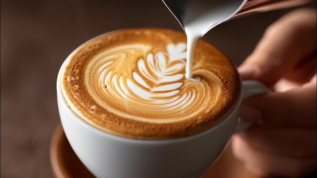 Barista skillfully latte milk into a coffee cup, crafting intricate pouring art designs that enhance the beverage's visual appeal video 4k