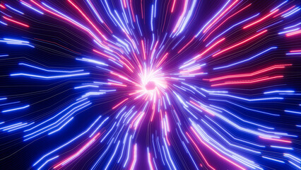 Pink and blue neon lights converge on a central point, creating a unique and dynamic visual