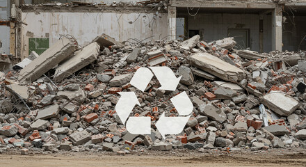 Pile of rubble with a recycling symbol overlayed in front of a partially demolished building site