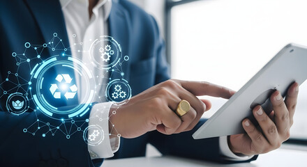 Professional using a tablet with glowing digital network interface and futuristic technology icons overlay