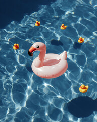 Naklejka premium Pink inflatable flamingo float in swimming pool summer holiday lifestyle concept