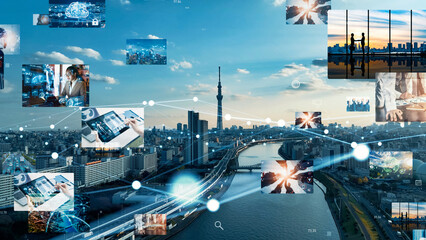 都市、社会、映像、画像、科学、テクノロジー、ビジネス、報道、放送、AI、日本、東京、技術、ドローン、空撮、俯瞰、ハイアングル、展望、パノラマ、地平線、cg、画面、開発、SNS、データ、教育、イノベーション、改革、オンライン、インターネット、web、都会、未来、将来、時代、進歩、希望、計画、構想、環境、グローバル、研究、発展、成長、コンテンツ、夜明け、明日、人々、人材、DX