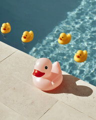 Playful rubber duck toys by swimming pool summer fun leisure lifestyle concept