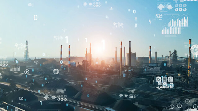 Factory aerial view and statistical data concept