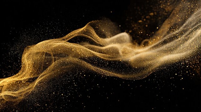 Abstract swirling gold and off-white particles on a black background, resembling smoke or a flowing celestial body.  The lighter particles are more 