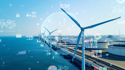 風力発電所の空撮と統計データのコンセプト