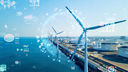 Wind farm aerial view and statistical data concept