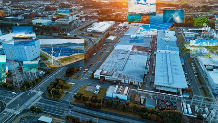 工業地帯の空撮とエネルギーのコンセプト