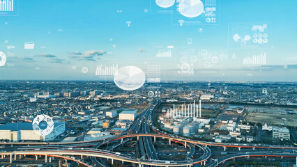 City traffic aerial view and statistical data concept