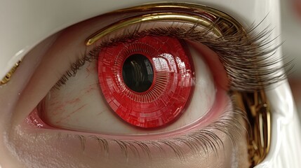 Red eye with gold rim symbolizing intelligence in a robotic eye with magnifier overlay for analytical concept