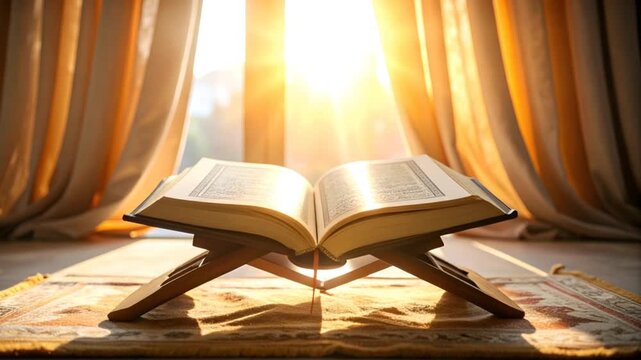 Religious book on wooden stand in sunlight