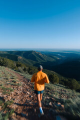 Fototapeta premium Runner in orange jacket jogging through scenic mountain valley outdoor fitness lifestyle