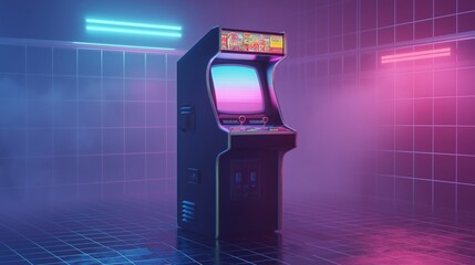 An old-school arcade gaming console stands in a neon-lit retro-futuristic room with glowing walls. The image celebrates nostalgia, technology, and the playful culture of video games
