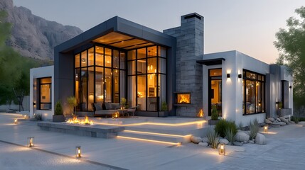 Modern house exterior design dusk lighting