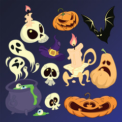A set of clipart, illustrations, and design elements on the theme of Halloween. Witch hats, pumpkins, skulls, candles, ghosts. Vector illustration isolated on a blue background.