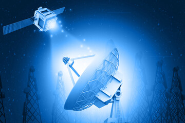 Satellite Dish Receiving Data Signals from Communication Satellites. 3d illustration