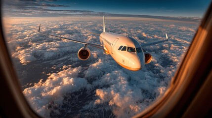 A breathtaking view from an airplane window of a jet plane soaring above fluffy clouds and snow-capped mountains at sunrise.