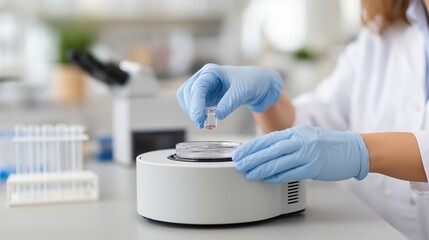 A laboratory technician carefully places samples into a centrifuge machine wearing protective gloves. The clean scientific environment emphasizes research, healthcare and precision