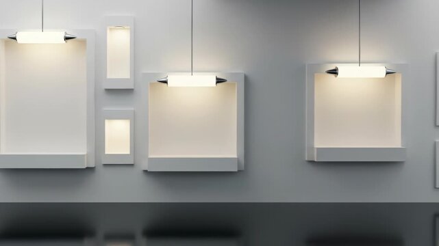Illuminated niches of varying sizes adorn a gray wall above a glossy floor