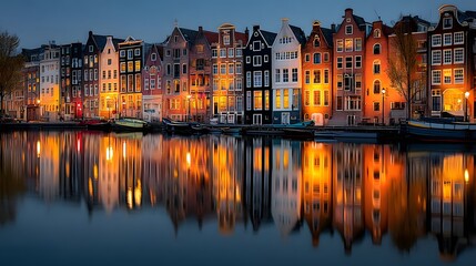 Obraz premium Colorful buildings reflecting in canal at dusk