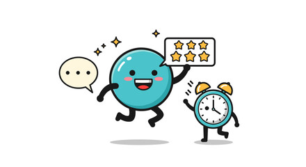 Cartoon clock and mascot holding star review board