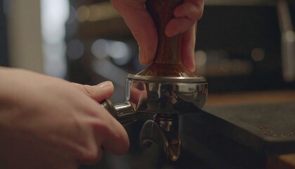 Close-up of barista tamping coffee grounds in a portafilter with a wooden tamper