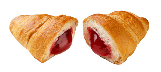 Two halves of croissant with jam on a white background. Isolated