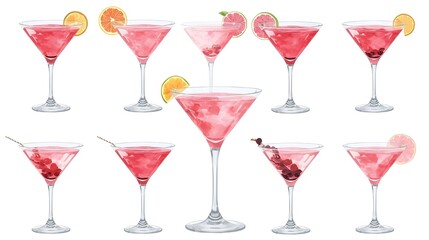 Three Paloma cocktails with ice and grapefruit slices in highball and rocks glasses. Watercolor illustration of tequila-based pink drinks with salt rim and rosemary garnish	