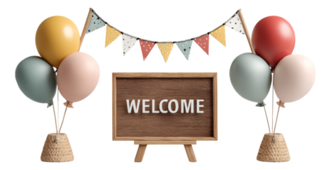 Charming Welcome Sign with Colorful Balloons and Festive Banner