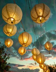 Beautiful glowing paper lanterns hanging outdoors to illuminate the evening sky for a traditional Diwali festival celebration