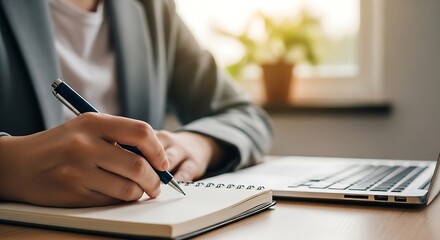 Focused Person Writing in Notebook.