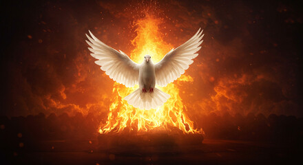 A white dove with outstretched wings in front of a large fire with dark red and orange hues around it