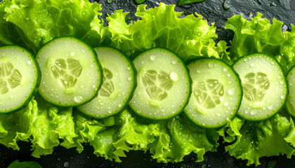 Fresh cucumber slices on wet lettuce with water droplets macro photo