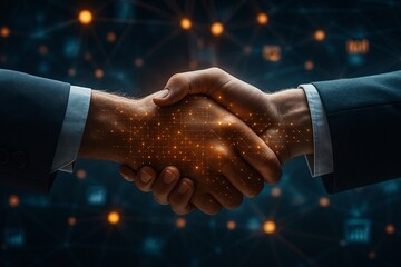 Business partnership and technology integration concept. Man and woman shaking hands with a glowing digital interface overlay, symbolizing a smart contract, successful deal, and B2B collaboration.
