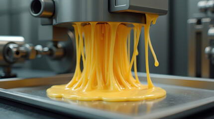 Industrial machine pouring viscous yellow liquid onto metal tray