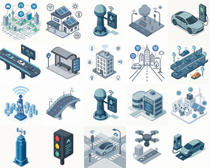 Isometric Detailed Smart City Infrastructure Element Icon Set Collection