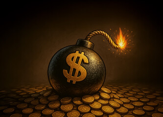 A dark cartoon bomb with a golden dollar symbol sits atop piles of coins, fuse lit, symbolizing economic inflation as a ticking financial disaster waiting to explode.