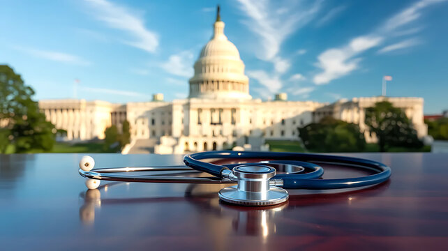 Healthcare in America concept with stethoscope in front of US Capitol Building scene