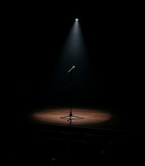 Dimly lit theater stage with focused light on microphone stand, representing a silent moment before a live performance or public speaking.