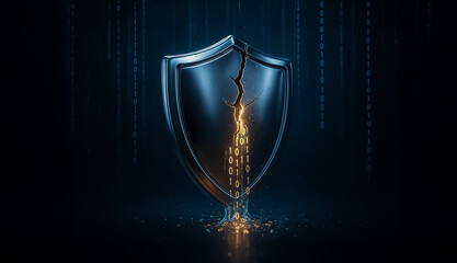 Stylized cracked digital shield releasing golden binary code on dark background, representing data vulnerability and the fragility of cyber defense systems.