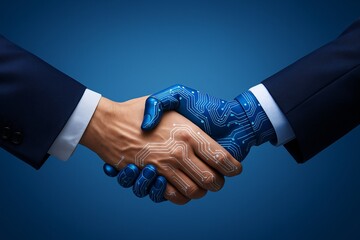 Business partnership and technology integration concept. Man and woman shaking hands with a glowing digital interface overlay, symbolizing a smart contract, successful deal, and B2B collaboration.