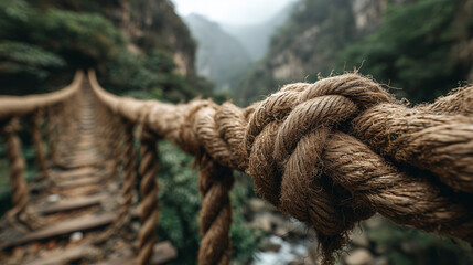 Fototapeta premium Close-up of a thick rope with a knot on a suspension bridge leading into a misty green valley. 