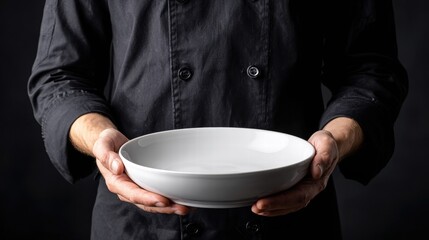 Chef holding a white bowl, ready to serve a culinary creation.